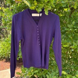 Dana Buchman Deep Purple V-Neck Button-Front Long Sleeve Top